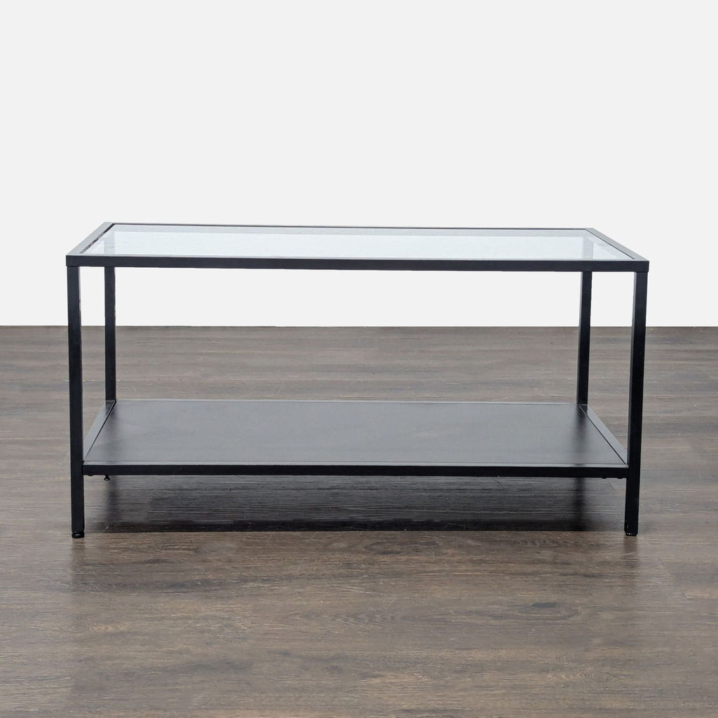 Glass Top Coffee Table with Wood Shelf on Metal Frame