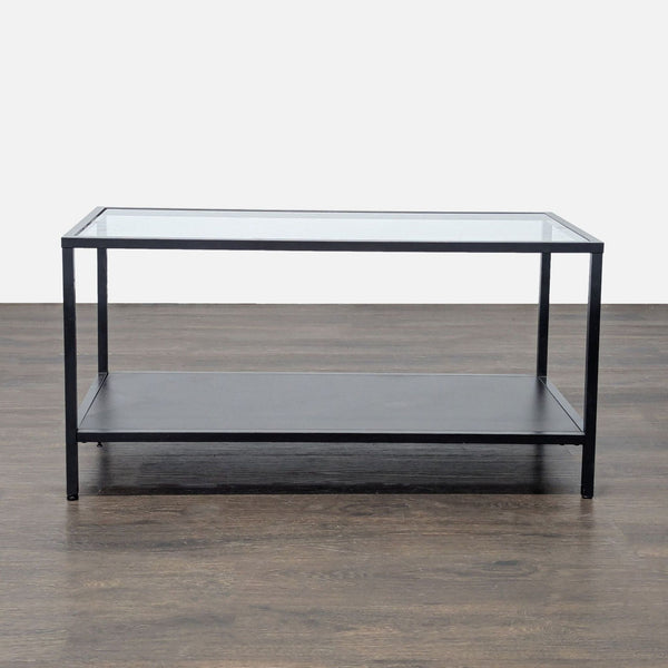 Glass Top Coffee Table with Wood Shelf on Metal Frame