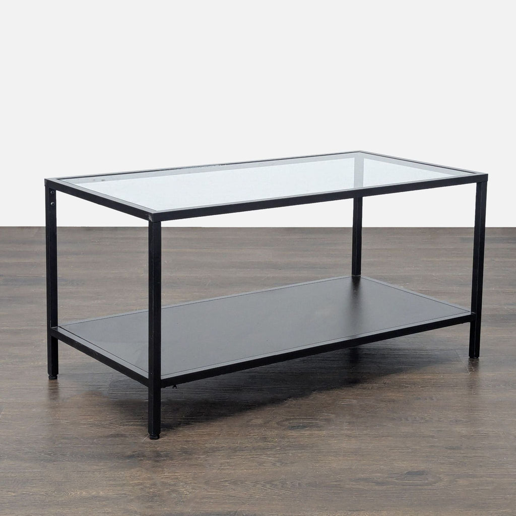 Glass Top Coffee Table with Wood Shelf on Metal Frame