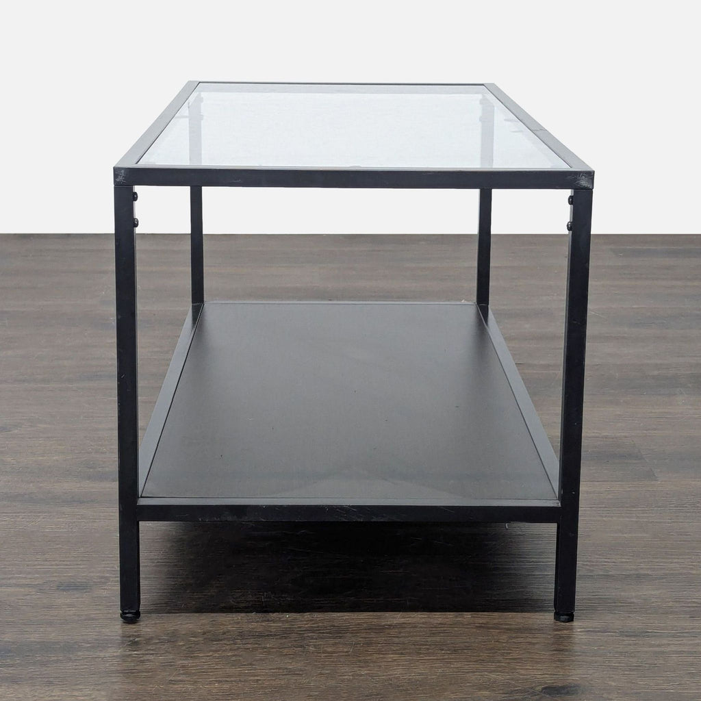 Glass Top Coffee Table with Wood Shelf on Metal Frame