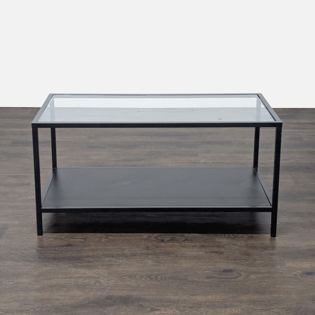 Glass Top Coffee Table with Wood Shelf on Metal Frame