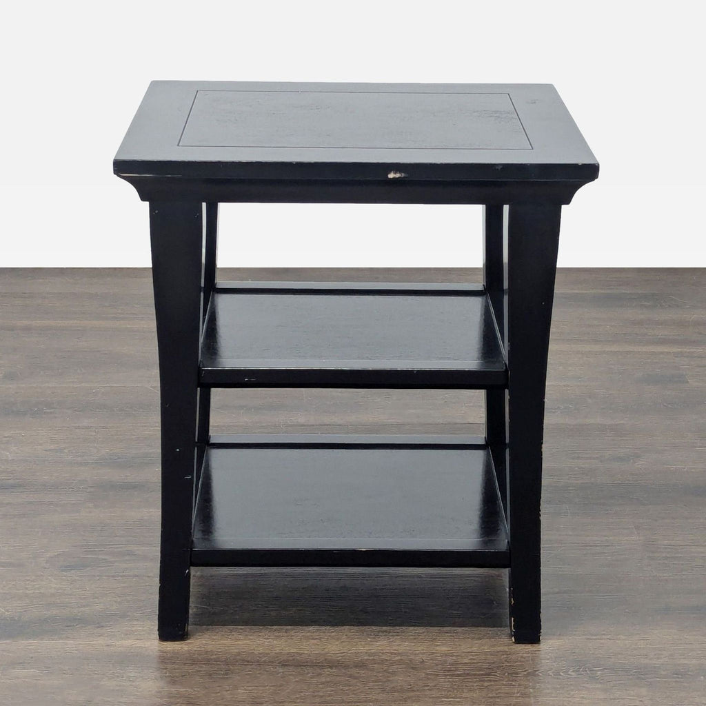 Wooden two-shelf Pottery Barn end table, ideal for living rooms or bedside use.