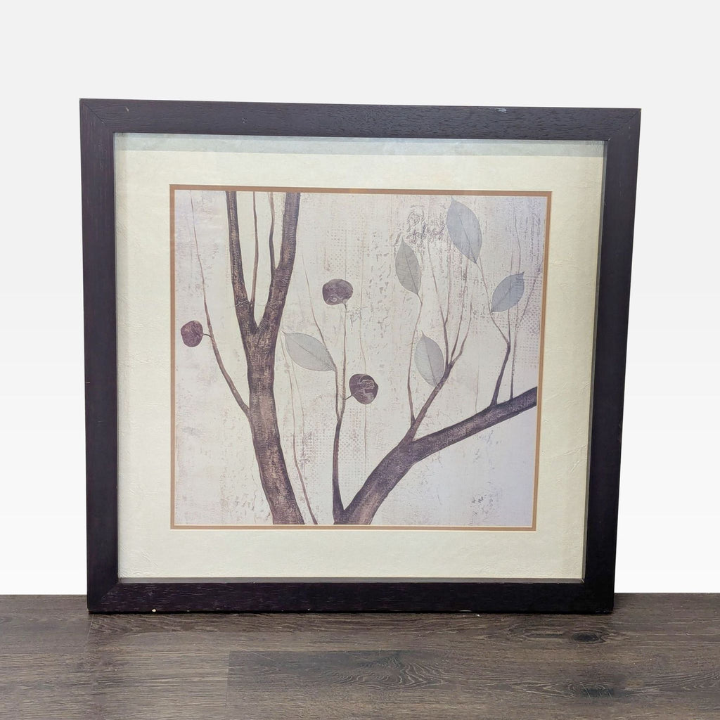 Minimalist framed art print by Mary Calkins showing tree branches with leaves and seed pods in neutral tones.