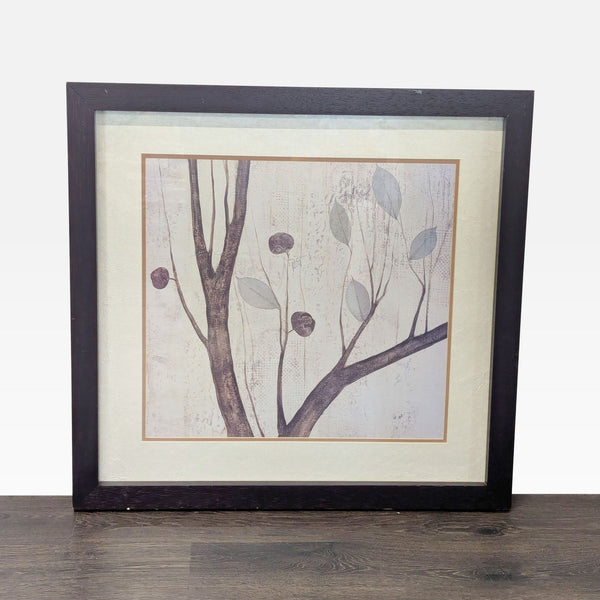 Minimalist framed art print by Mary Calkins showing tree branches with leaves and seed pods in neutral tones.