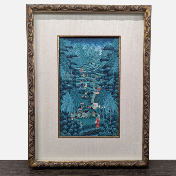 Vintage Balinese Style Tropical Landscape Painting, Framed