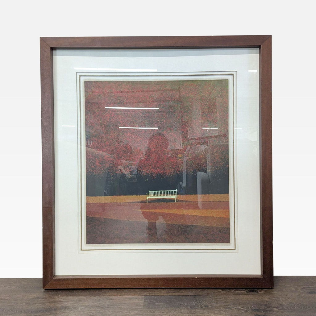 Framed limited edition print "Soon" by R. Crespi shows a white bench beneath vivid red trees.