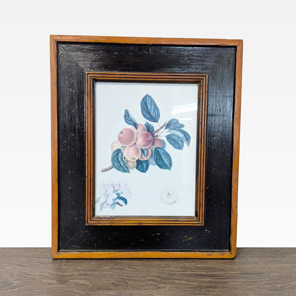Three coordinated fruit illustration prints in wooden frames with vintage appeal, suited for wall display.