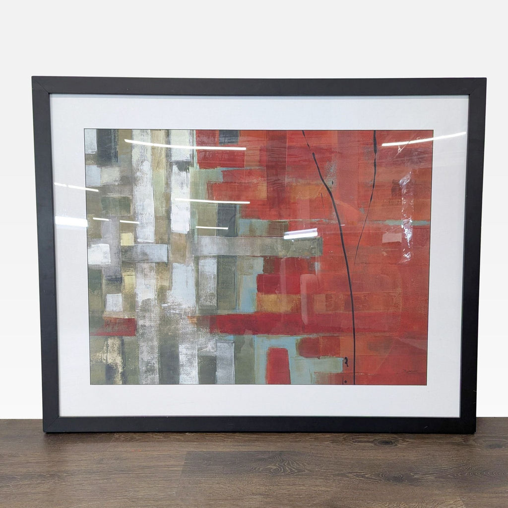 Framed abstract art print by Bellows with bold red, gray, and white geometric shapes for modern decor.
