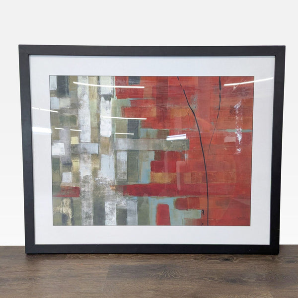 Framed abstract art print by Bellows with bold red, gray, and white geometric shapes for modern decor.