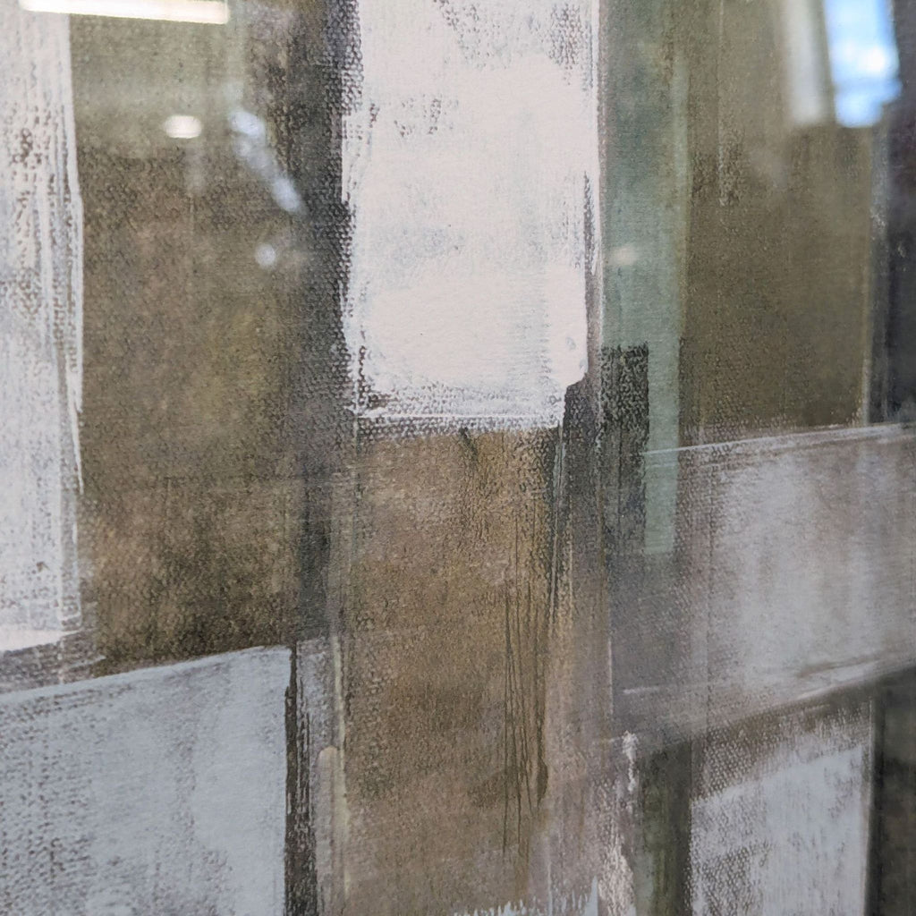 Modern geometric artwork from Bellows, featuring red, gray, and white shapes in a black frame for home or office.
