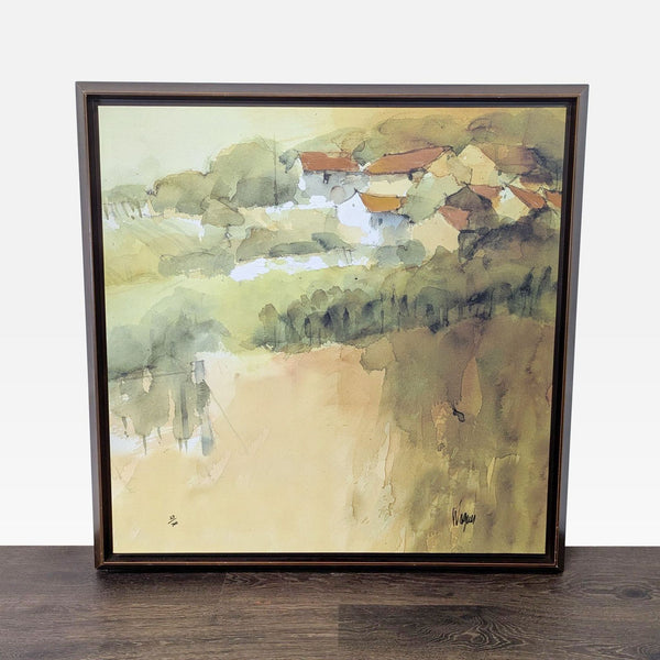 Impressionist giclée painting of a hillside village in greens and ochres, signed and framed, edition 27 of 700.  