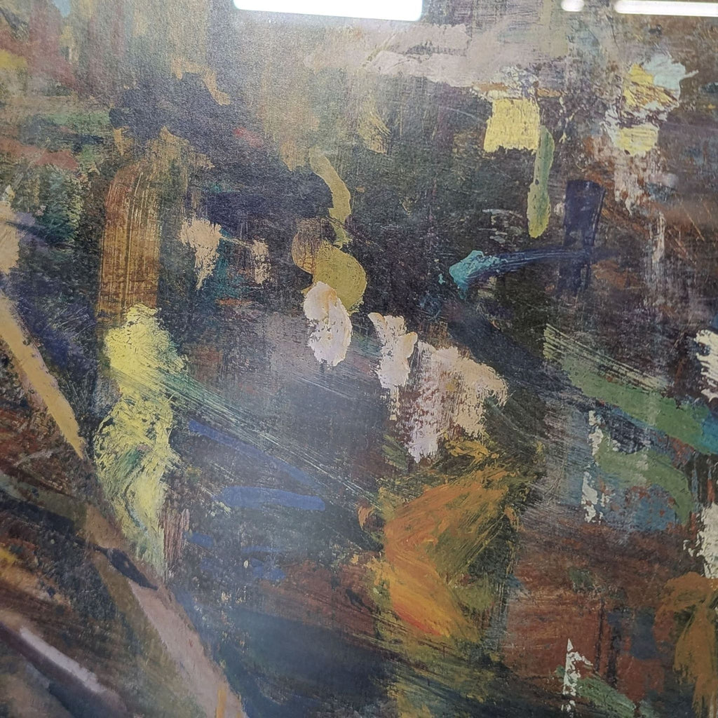 Expressive cityscape artwork by Steven Larson, featuring deep blues, yellows, and reds in a nighttime urban scene.