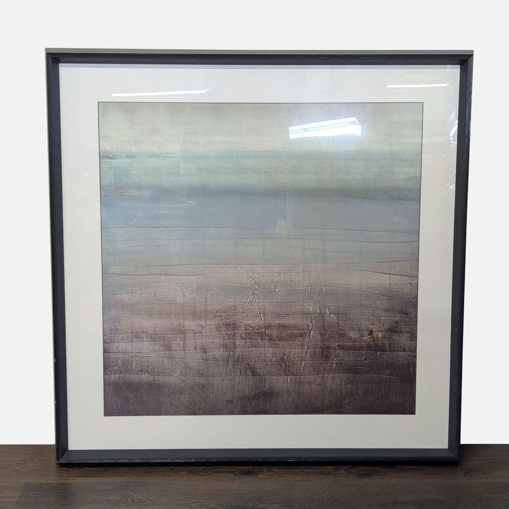 Framed abstract landscape art print with soft blues, grays, and browns, featuring modern minimalist texture and lines.
