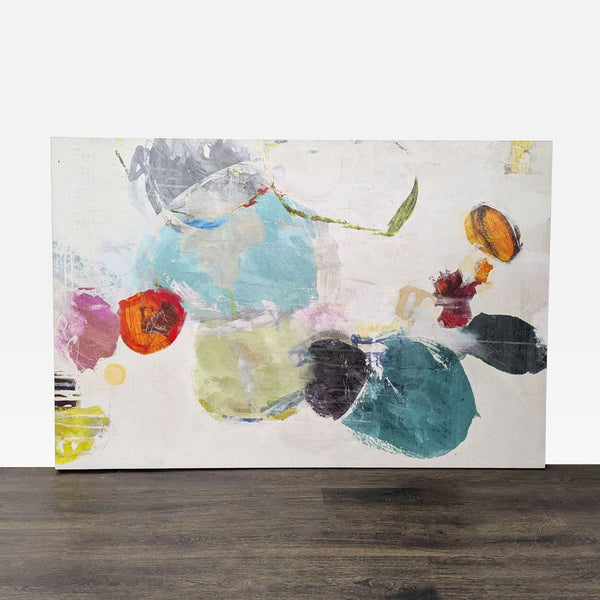 Abstract canvas art by Emma Brooks with layered shapes in aqua, teal, ochre, coral, and white tones.