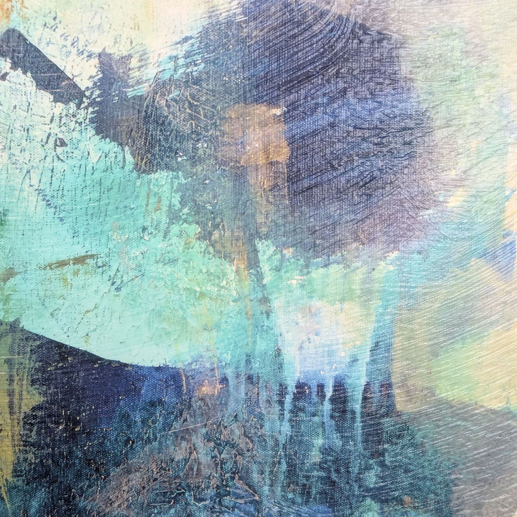 Vibrant contemporary giclée canvas featuring expressive, layered brushwork in rich blues, corals, and ochres.