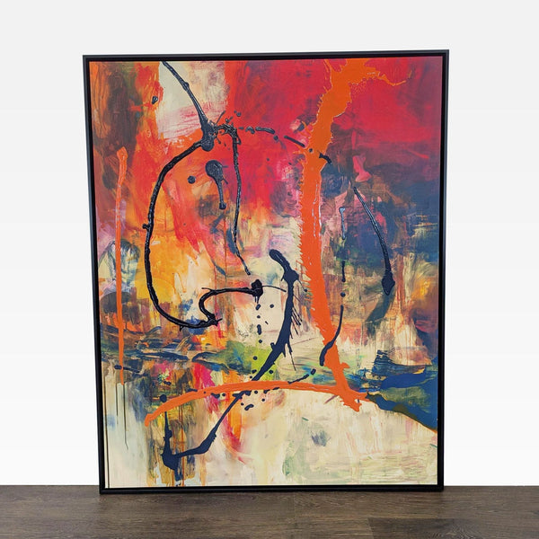 Large abstract canvas by Fern Cassidy features vivid red, blue, orange, and textured paint drips, creating bold movement.