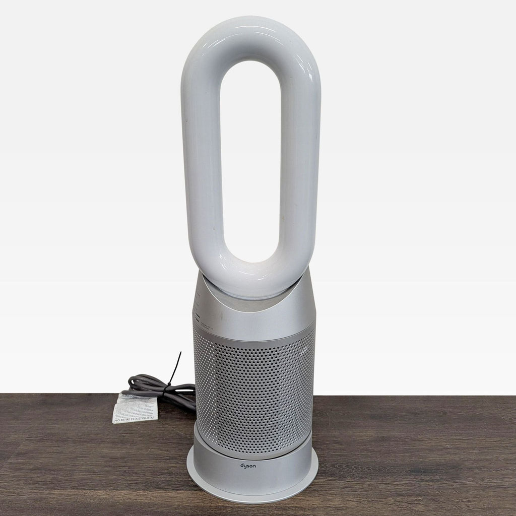 Sleek Dyson AC & Fans device purifies air and provides heating or cooling; features safe, bladeless construction.