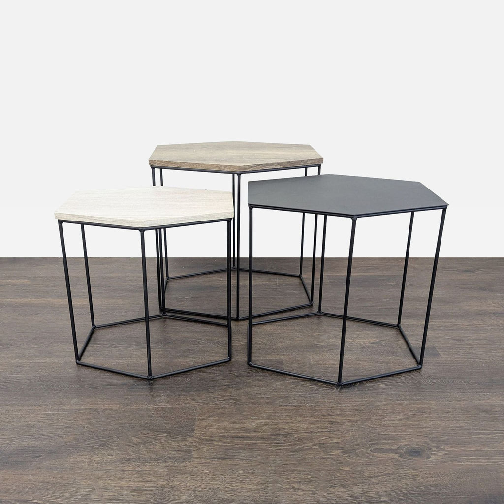 Trio of Wood Top Hexagon Tables