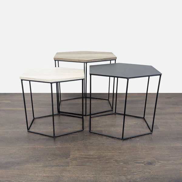Trio of Wood Top Hexagon Tables