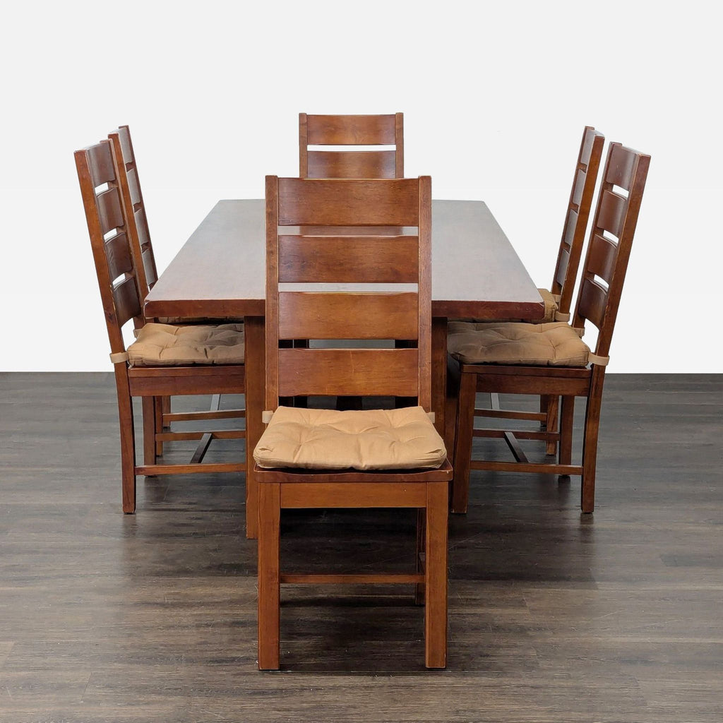 Rectangular solid wood dining set with six ladder-back chairs and tan cushions in a rich brown finish.