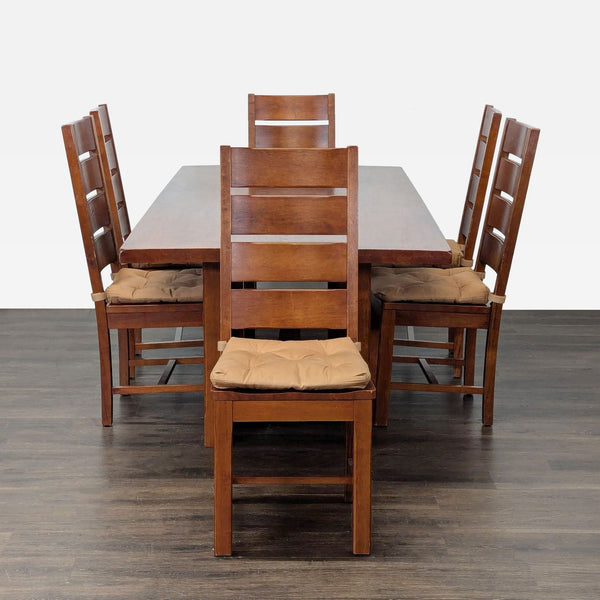 Rectangular solid wood dining set with six ladder-back chairs and tan cushions in a rich brown finish.