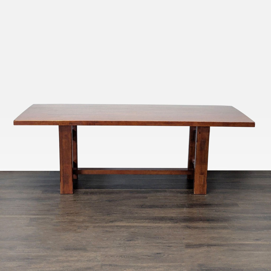 Classic dining set: sturdy table, six matching wood chairs with removable tan seat cushions, brown finish.
