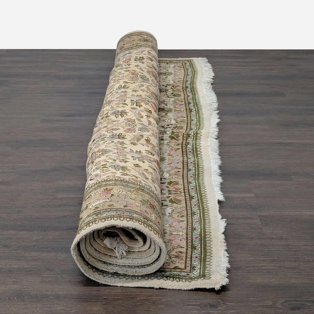 Elegant hand-knotted Indian wool rug with Tree of Life pattern, birds, and florals on an ivory field.  