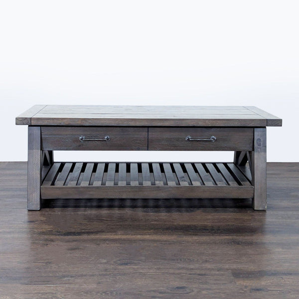 Rustic Living Spaces coffee table with planked top, X-shaped sides, and lower slatted shelf.  