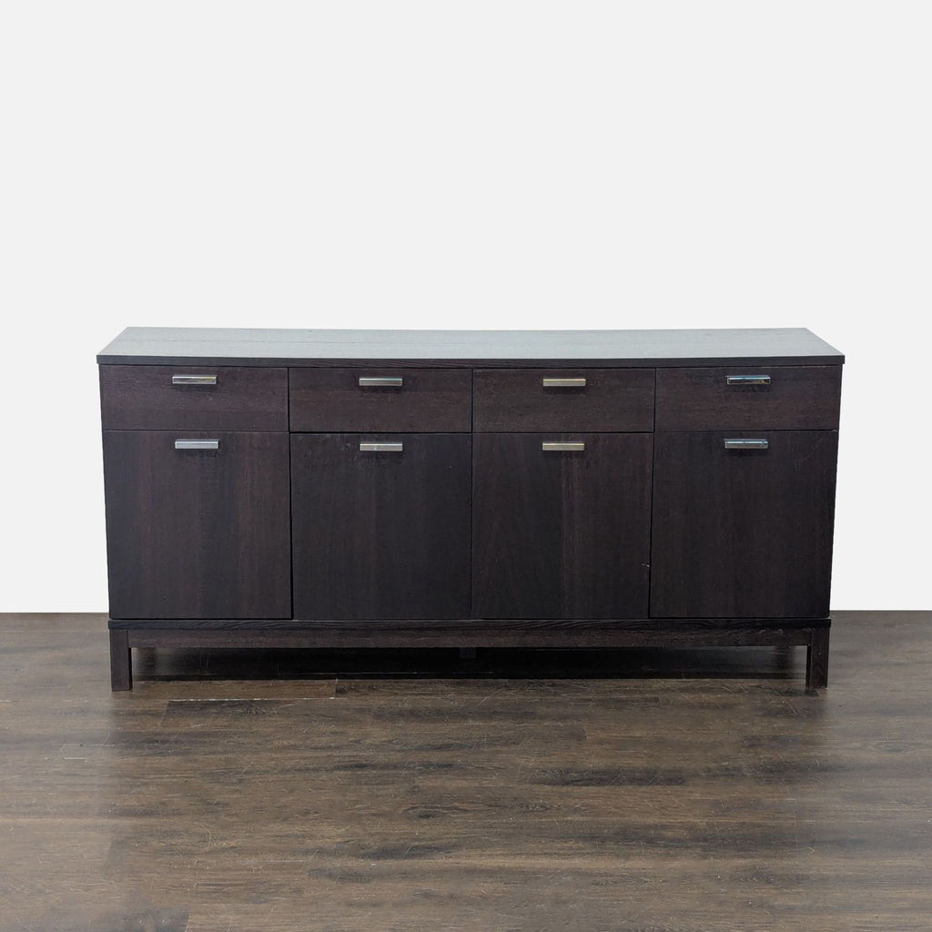 1. Modern dark wood sideboard with four drawers and four cabinets, perfect for dining room storage.