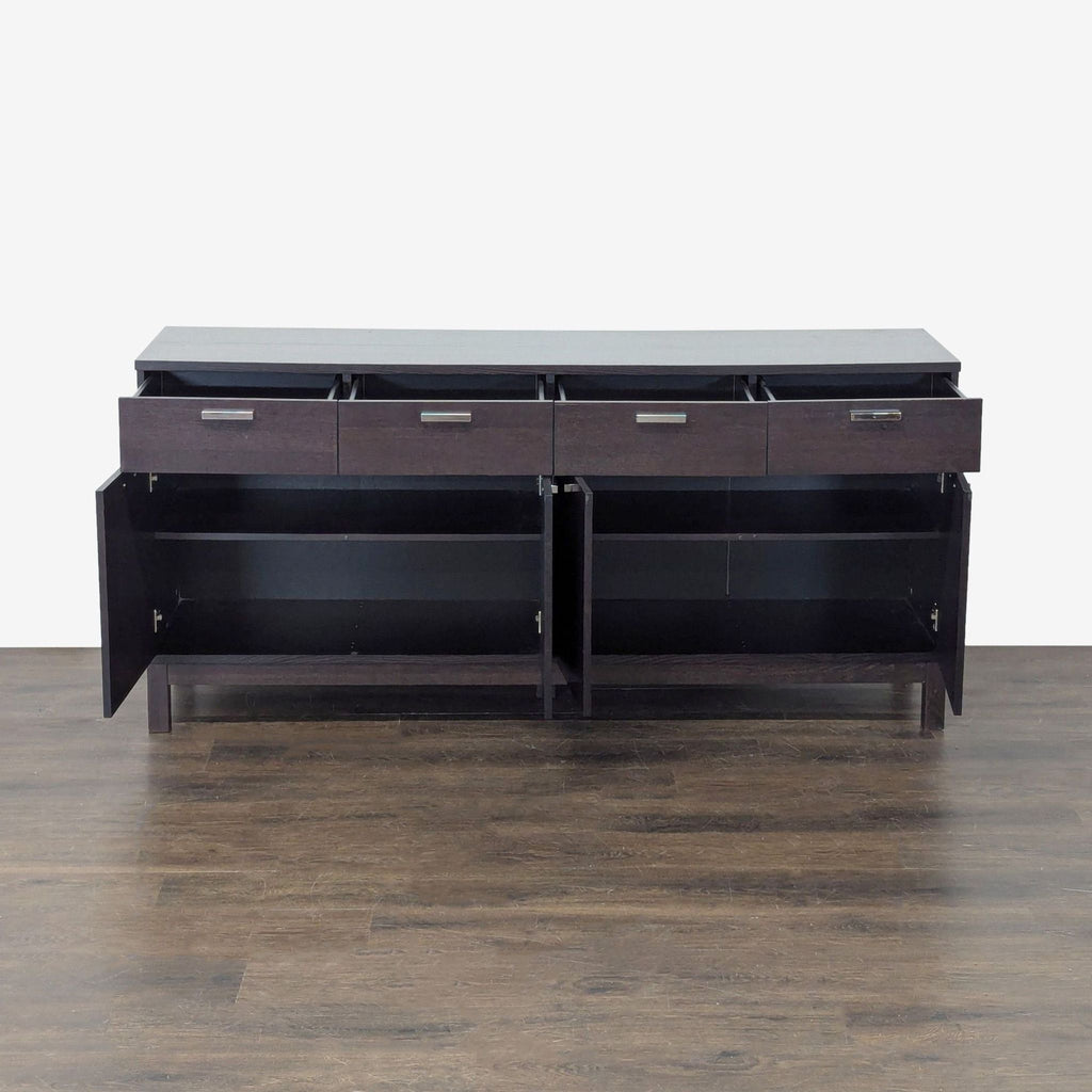 2. Sleek sideboard featuring a dark wood finish, four cabinet doors, and four upper drawers.
