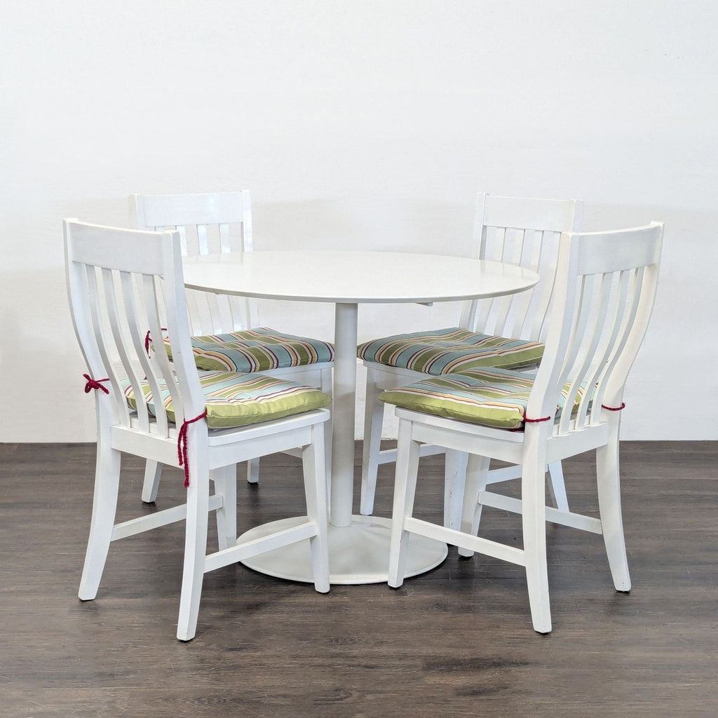 CB2 White 5-Piece Round Dining Set with Cushioned Chairs