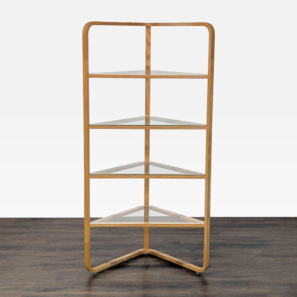 Corner bookshelf with wooden frame and four glass shelves, designed to fit neatly into any room corner.