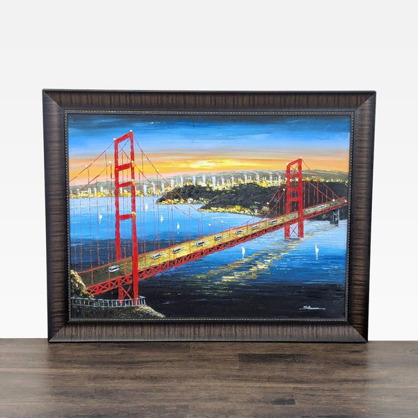 Framed oil painting of Golden Gate Bridge at sunset with bold textures, city lights, and shimmering water.