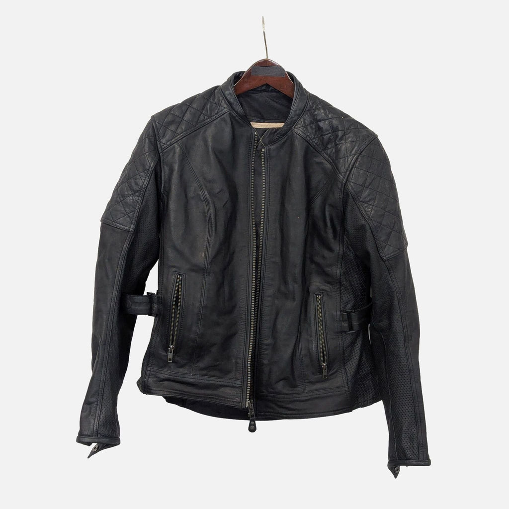 Black Street & Steel leather motorcycle jacket with zip front, quilted shoulders, and adjustable waist straps.