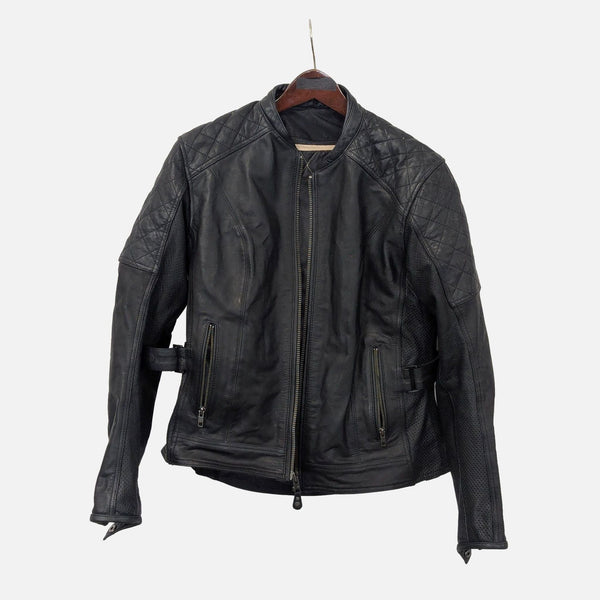 Black Street & Steel leather motorcycle jacket with zip front, quilted shoulders, and adjustable waist straps.