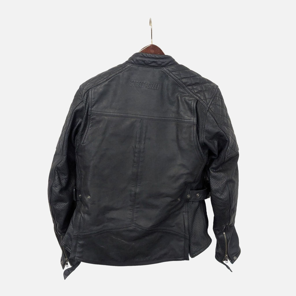 Genuine Street & Steel black leather jacket featuring zip pockets, quilted panels, and adjustable waist for riders.