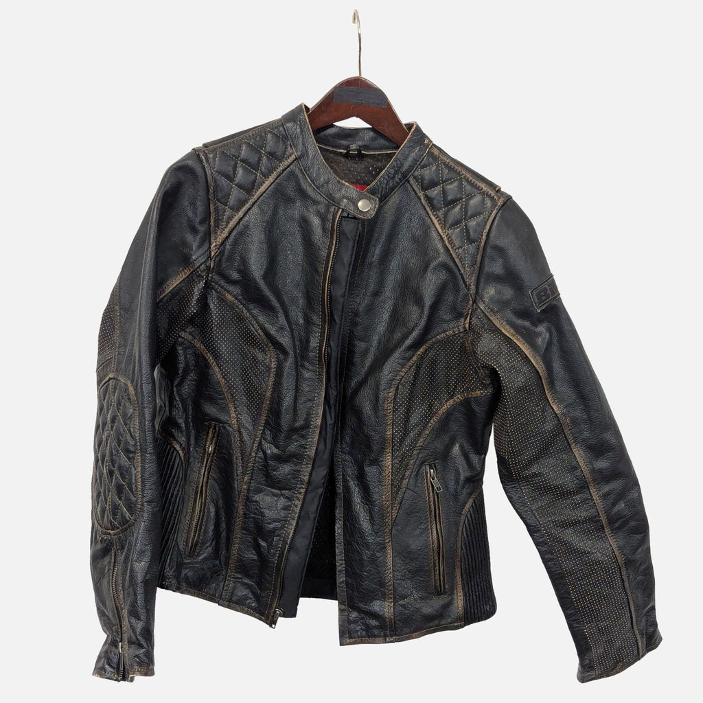 Black Bilt motorcycle jacket with quilted details, mesh panels, and zippered pockets for stylish protection.