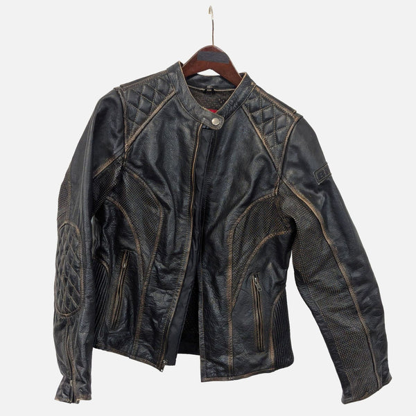Black Bilt motorcycle jacket with quilted details, mesh panels, and zippered pockets for stylish protection.