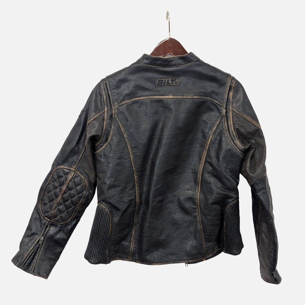 Bilt black leather jacket featuring mesh panels, quilted accents, and secure zip pockets for motorcycle riders.
