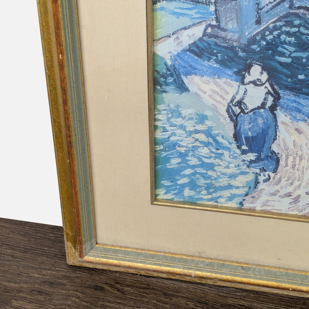 Vibrant Van Gogh art print of "The Church at Auvers" in classic gold frame, ready to hang, minor frame wear.  