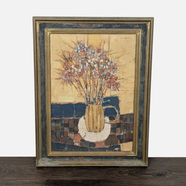 Framed oil painting by Marek Halter featuring warm-toned flowers in a vase with unique textured details.