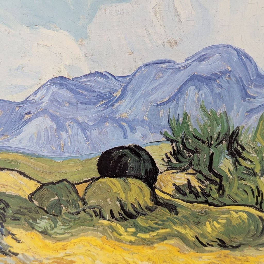 Van Gogh’s "Wheat Field with Cypresses" art print, in gold frame with neutral mat, ready to hang.