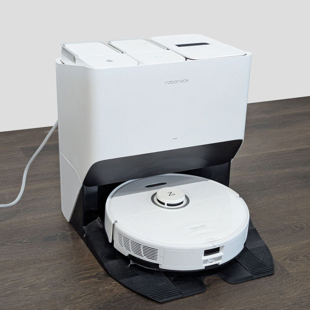 Sleek Roborock robot vacuum cleaner in modern style, ideal for carpets and hard floors with automatic dock.