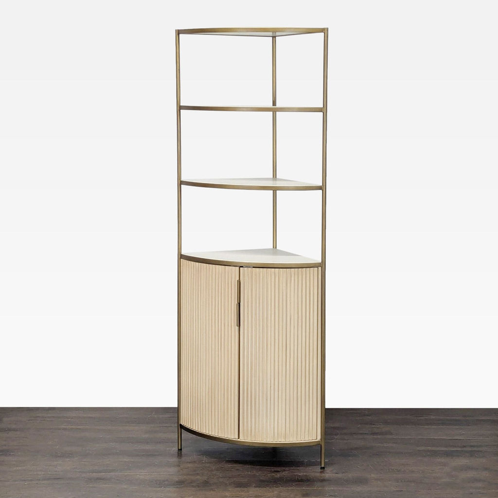 Crate & Barrel corner bookshelf with metal frame, open shelves, and a two-door cabinet for hidden storage.