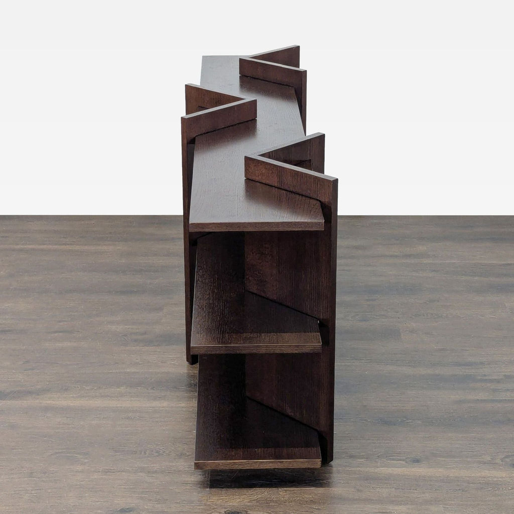 Modern console table in dark wood finish, featuring structured storage and geometric lines for stylish organization.