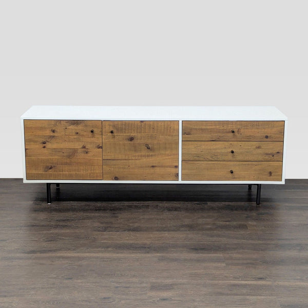 West Elm Mid-Century media console with reclaimed wood, lacquer accents, and metal base, for entertainment centers.  