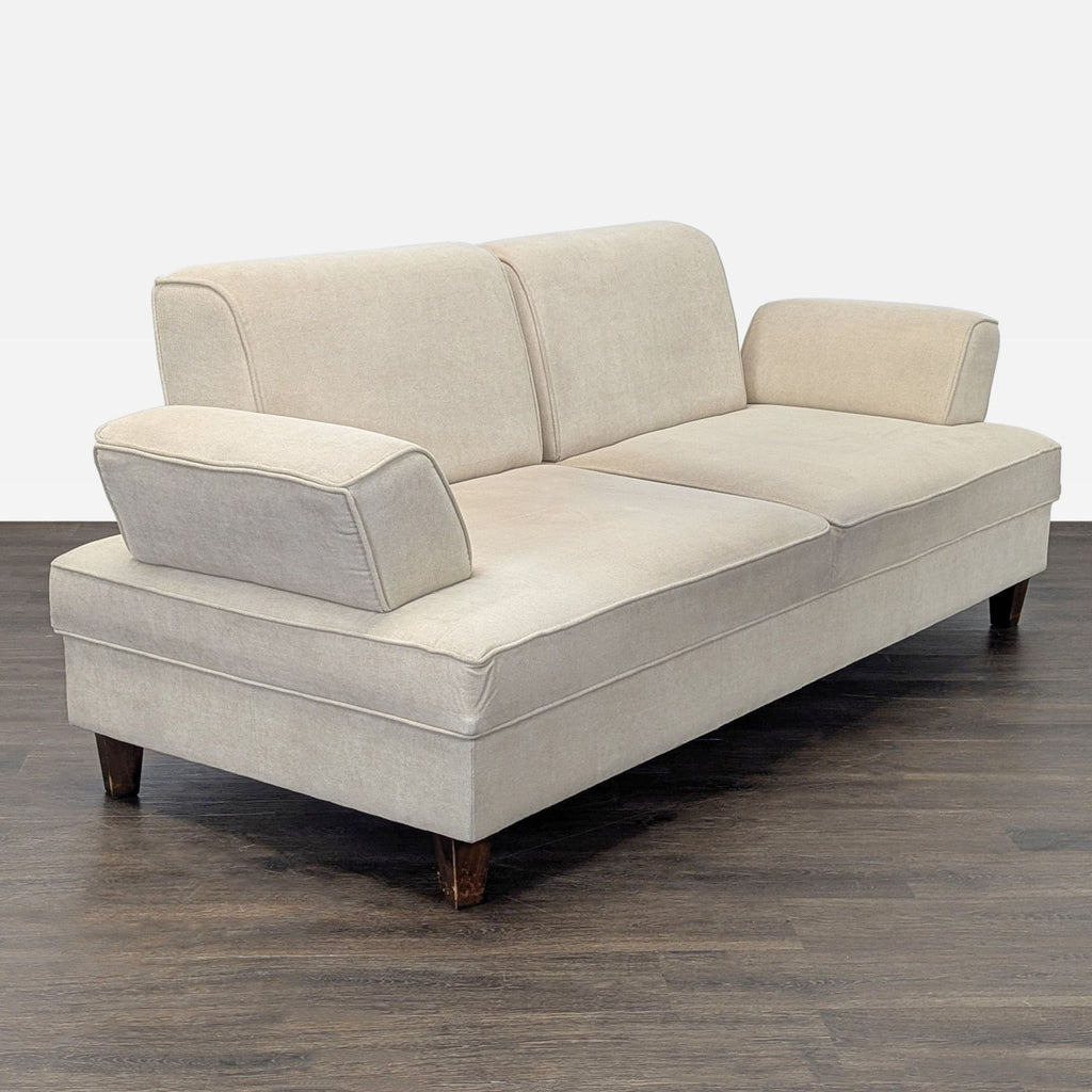 Neutral beige Shermag Canada 3-seat sofa featuring sturdy wood legs, comfy seating, and contemporary styling.