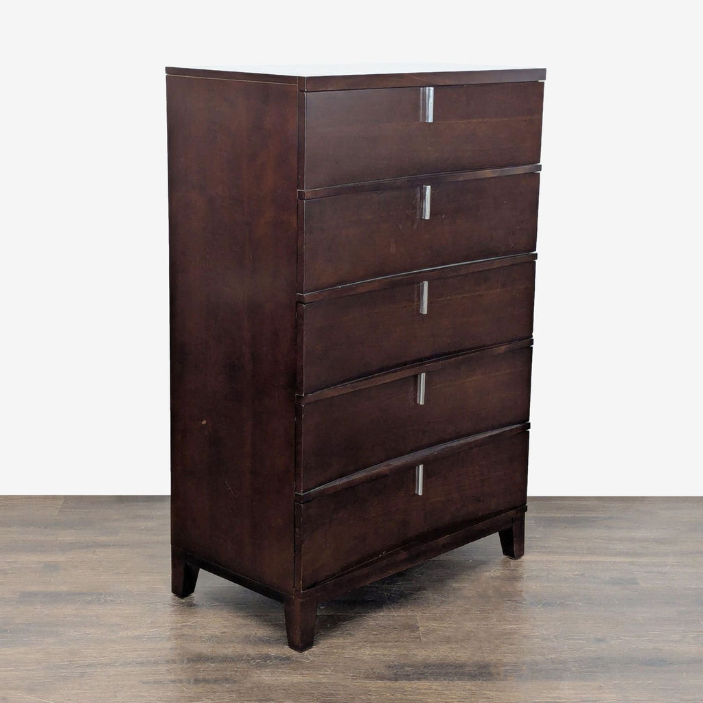 Modern 5-Drawer Dark Wood Dresser with Sleek Metal Handles
