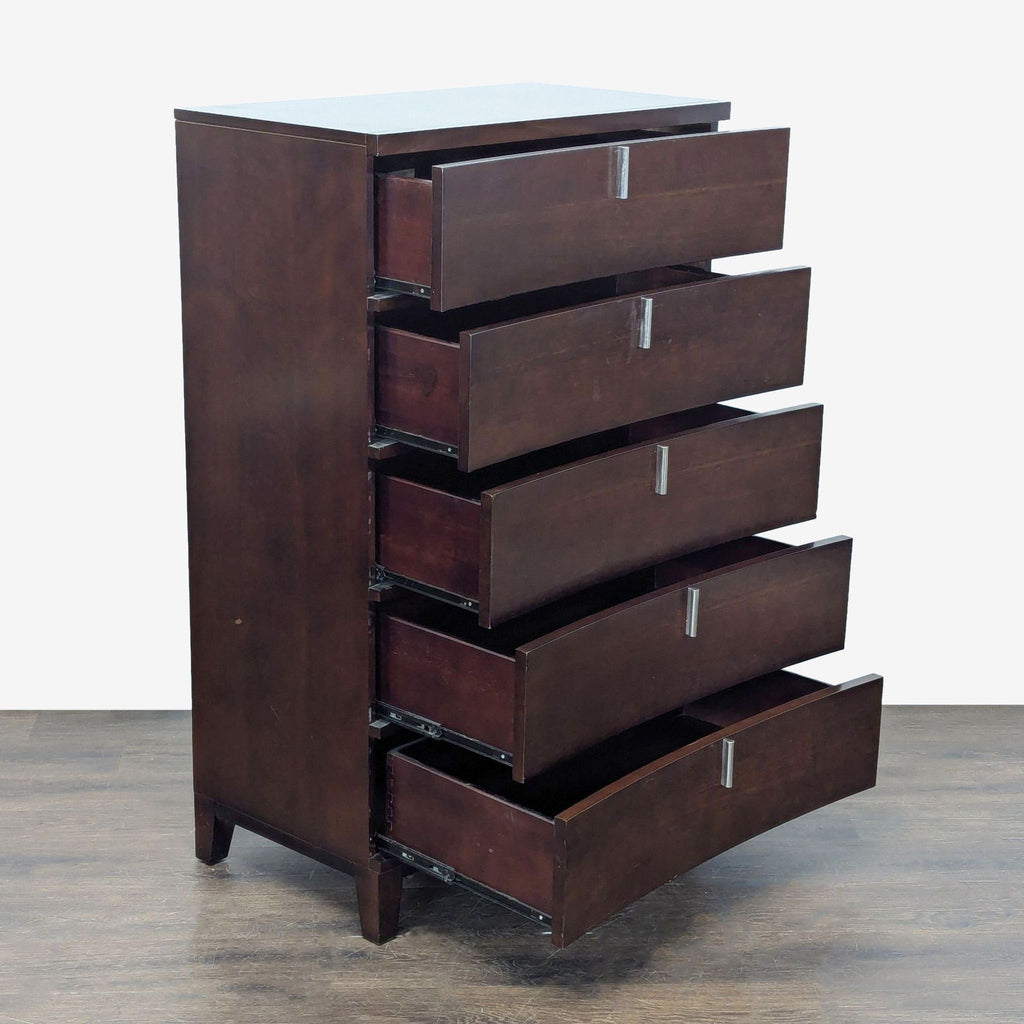 Five-drawer dresser in rich wood finish, featuring sturdy build and sleek handles for organizing essentials.