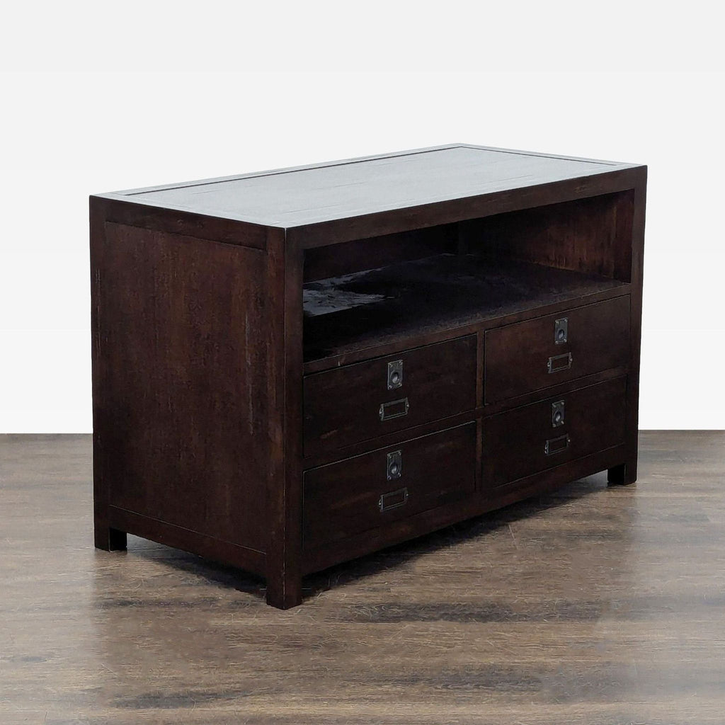Sturdy Pottery Barn entertainment unit with open shelf, four spacious drawers, and convenient back cable access.